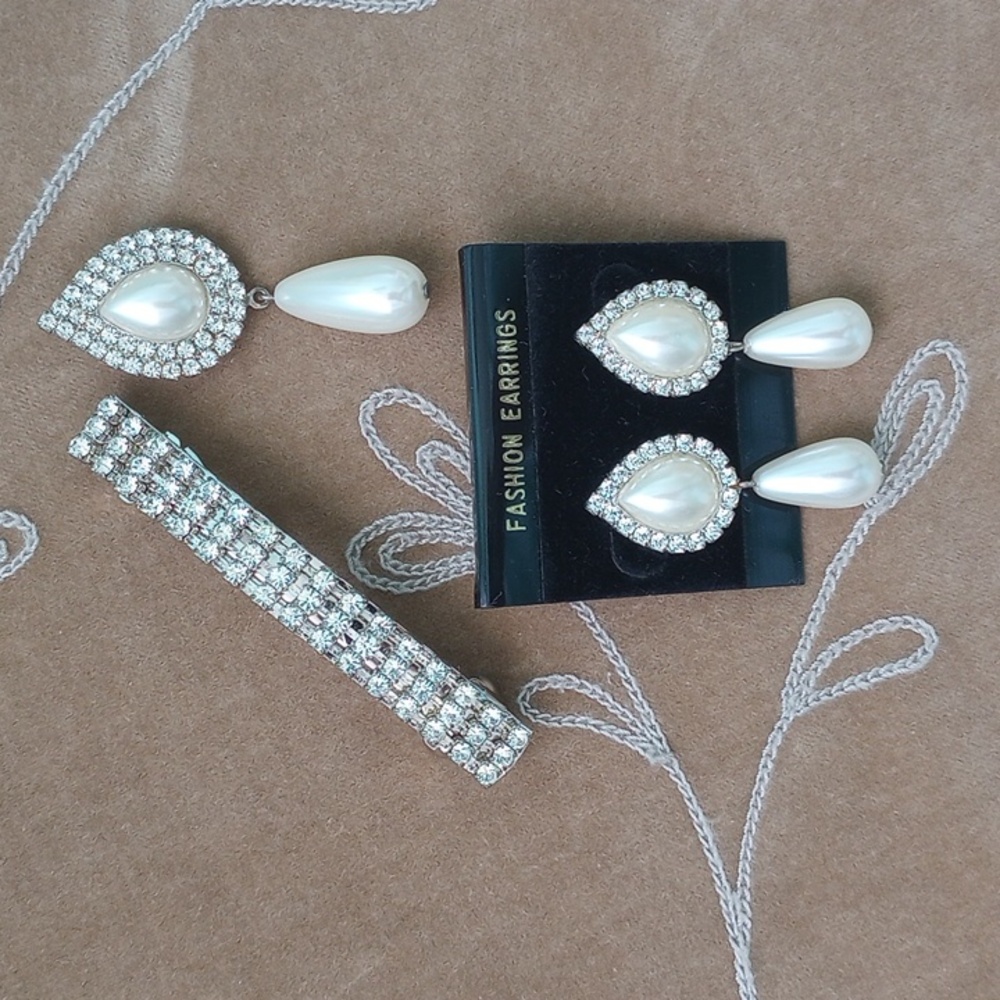 Rhinestone Barrette, Double Pearl Drop Pierced Earrings, & Broach Pin For PROM!